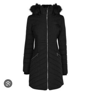 DKNY Black Quilted Warm Winter Coat with Removable Fur Hood